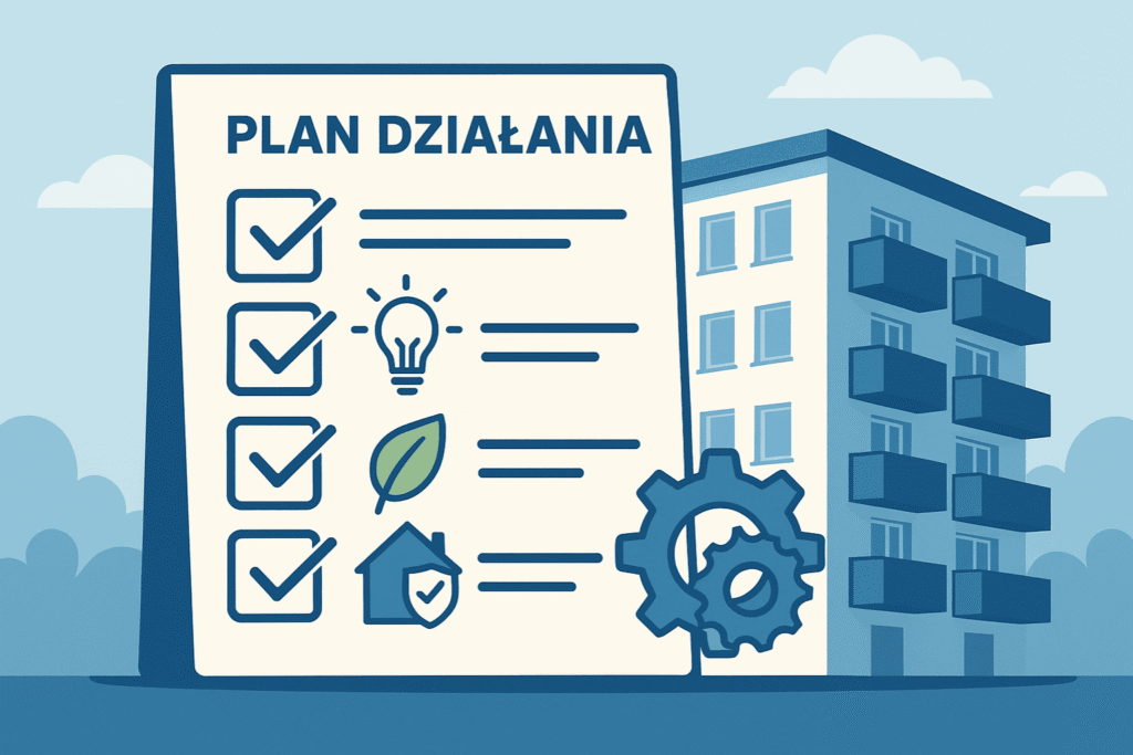 ikona narzędzi dla remontów, ikona żarówki dla efektywnego zarządzania, ikona zielonego listka dla dbania o otoczenie, ikona domu z tarczą dla ochrony nieruchomości= LBlok zarządzanie wspólnotami