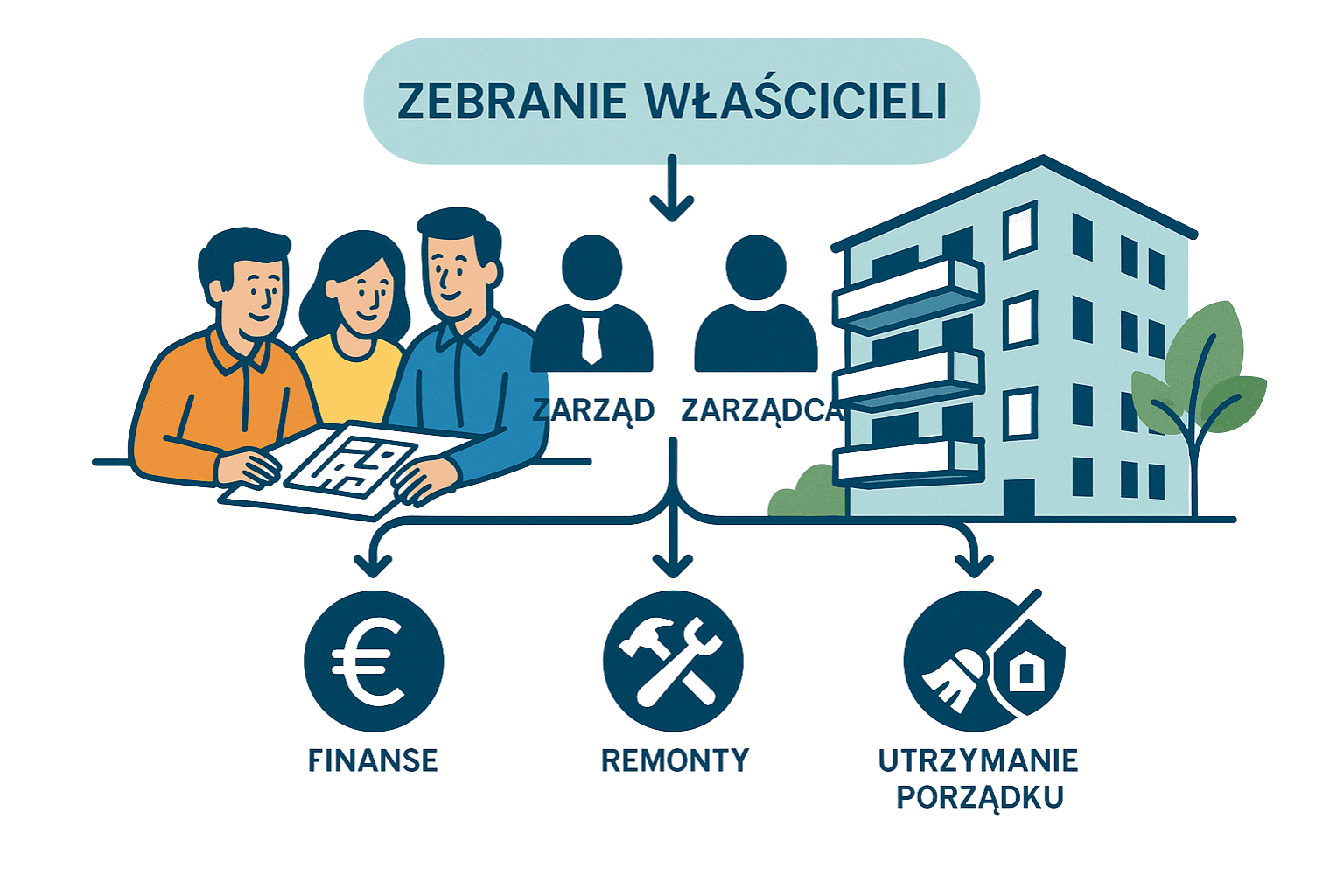 schemat organizacyjny wspólnoty: na górze zebranie właścicieli, od niego strzałki do zarządu/zarządcy. Poniżej różne aspekty zarządzania: finanse, remonty, utrzymanie porządku. Alternatywnie, grupa ludzi (właścicieli) wspólnie podejmująca decyzję przy stole z planami budynku.