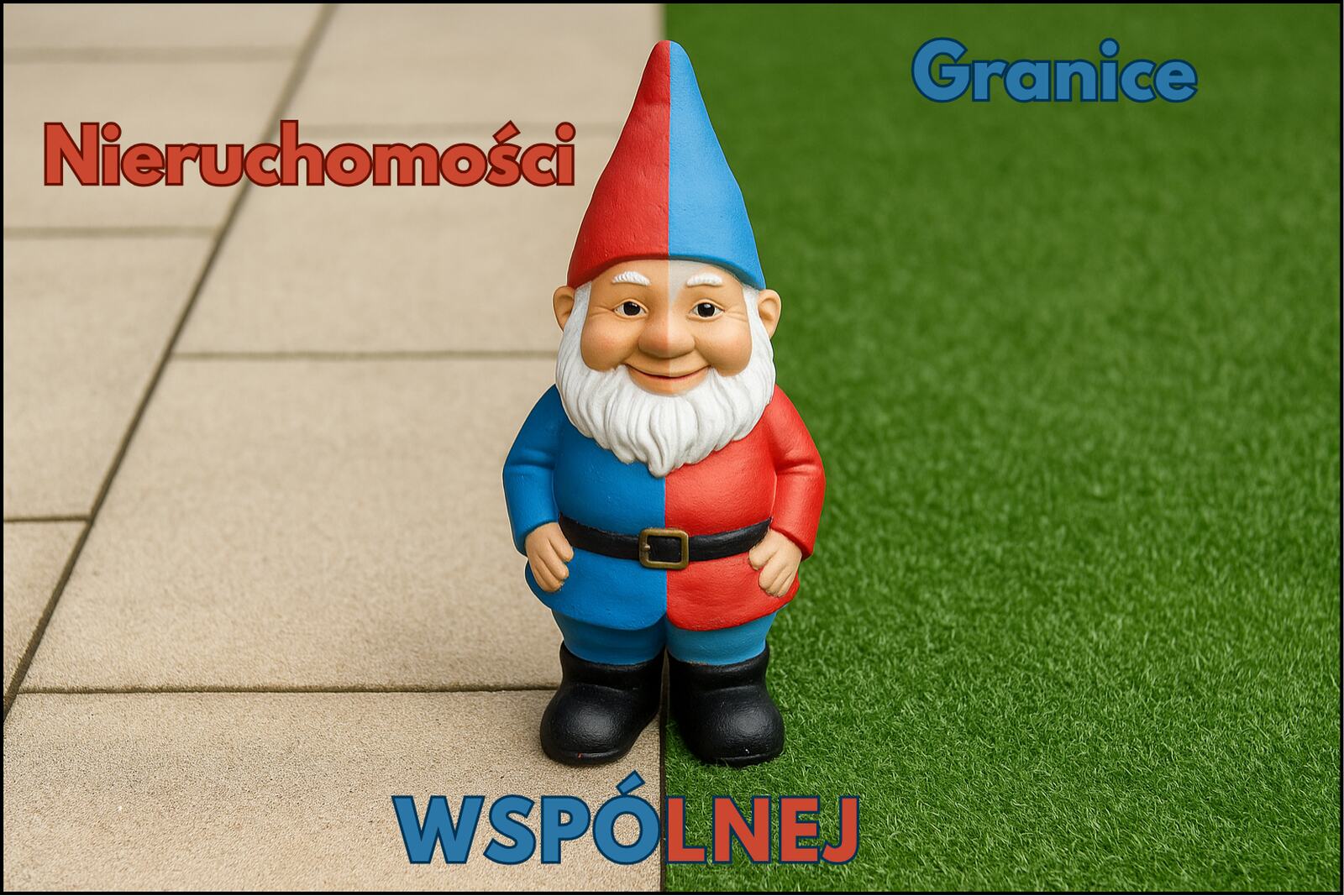 Zabawny krasnal ogrodowy pomalowany na pół, symbolizujący granicę nieruchomości wspólnej.