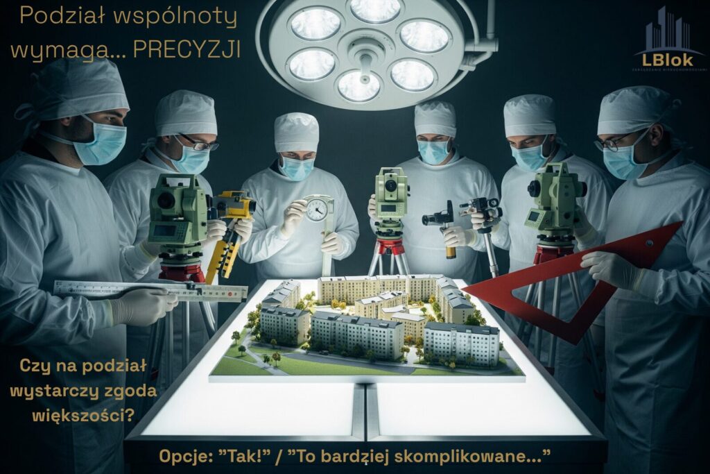 Chirurdzy operujący makietę osiedla, jako humorystyczny symbol podział wspólnoty mieszkaniowej