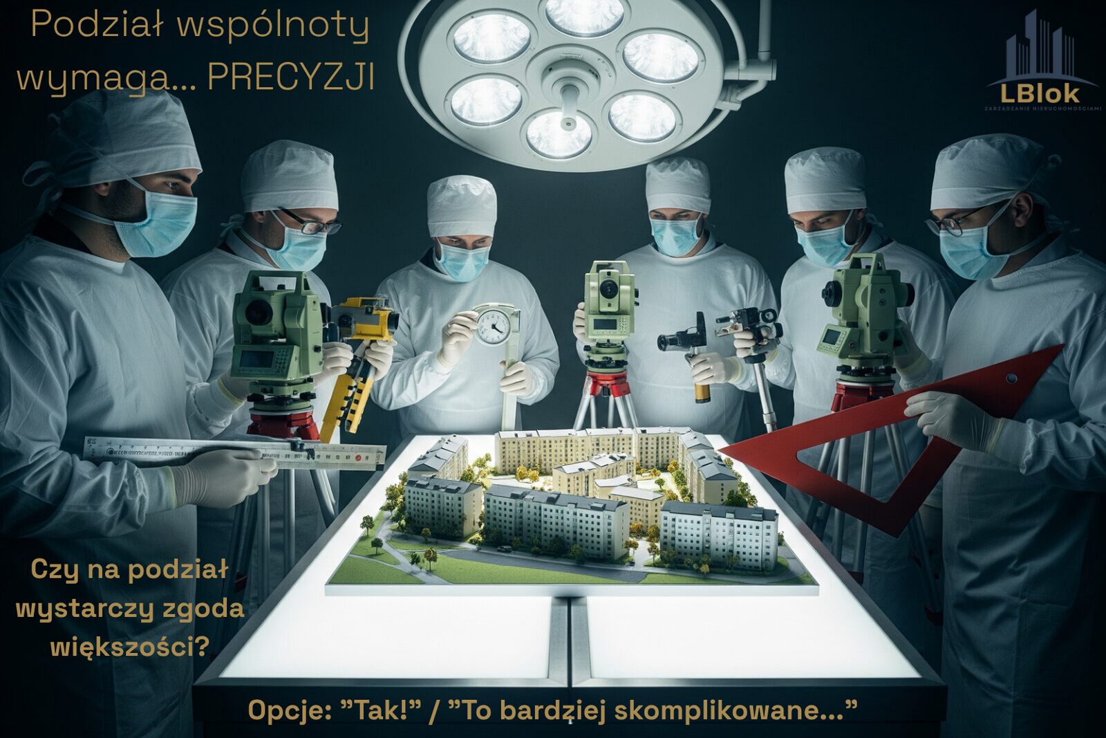 Chirurdzy operujący makietę osiedla, jako humorystyczny symbol podział wspólnoty mieszkaniowej