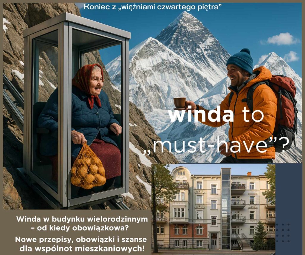 zdjęcie przedstawiające starszą panią w chuście na głowie wjeżdżającą na Mount Everest windą panoramiczną przymocowaną do zbocza góry. Winda w budynku wielorodzinnym - symbol pokonywania barier