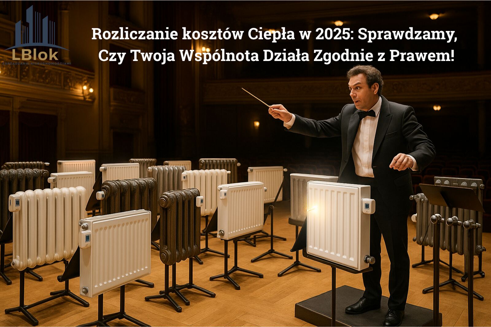 Orkiestra złożona z kaloryferów z podzielnikami kosztów grająca koncert w filharmonii, jako symbol harmonizacji - rozliczanie kosztów ciepła