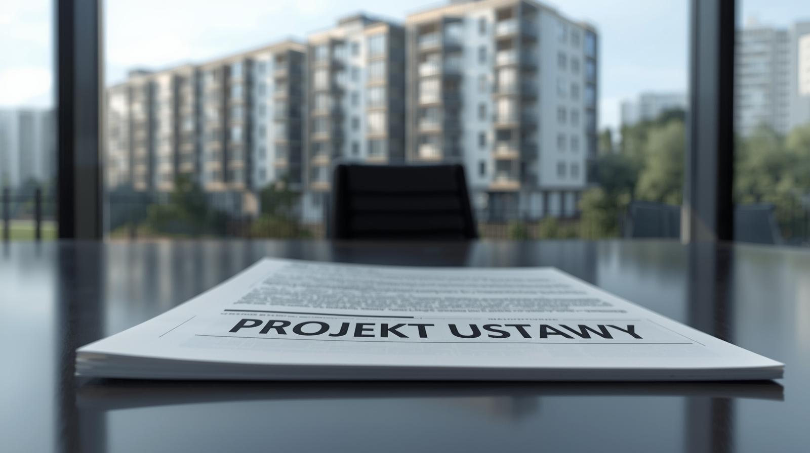 Dokument z projektem zmian w ustawie o własności lokali na tle nowoczesnego bloku mieszkalnego. LBlok zarządzanie